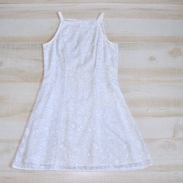 Vintage 90s Mini Dress, 1990s Spaghetti Strap Dress, Y2K Party Dress, Floral Dress, Chiffon, White, Embroidered 