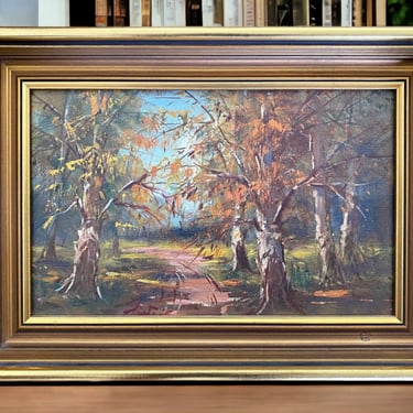 Unique Vintage 10x15 Oil Painting of Autumn Landscape in Gold Frame, Signed by Artist Gyula Metyko 