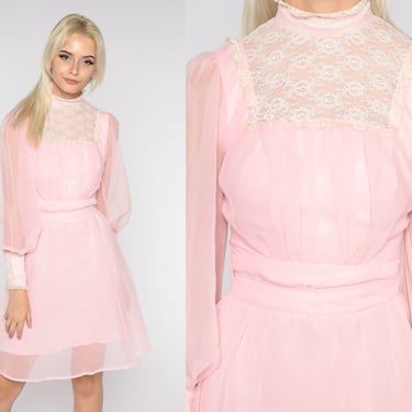 Pink Chiffon Dress 70s Mini Dress Retro Pastel Lace Bib Mock Neck High Waisted Long Sheer Sleeve Girly Kawaii Vintage 60s Extra Small xs 