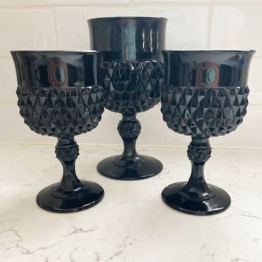 Set of 3 Indiana Glass Diamond Point Goblets, Antique Black Diamond Point Wine Glasses by LeChalet