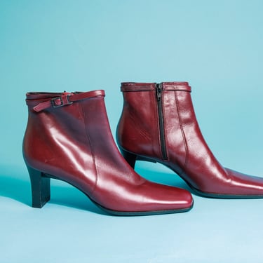 90s Dark Deep Red Pointy Heel Boots Vintage Ankle Buckle Zipper Boots 
