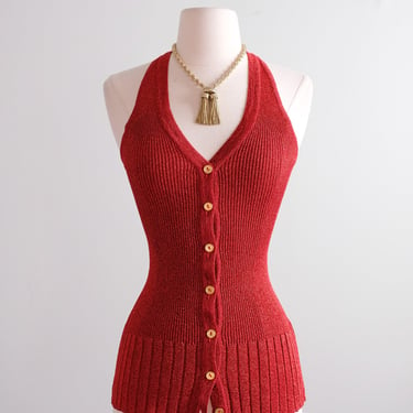 Dazzling 1970's Ruby Red Metallic Lurex Tank Top by Yves Saint Laurent / S