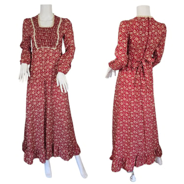 1970's Red Cream Floral Ditsy Print Smocked Prairie Maxi Dress I Sm I Rae Dolls 