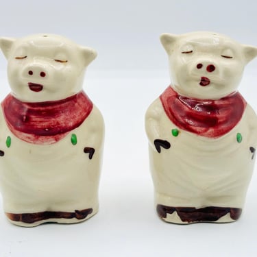 Pair of 1940s Vintage Shawnee Pottery Smiley Pig Salt and Pepper Shakers with Red Scarves by LeChalet