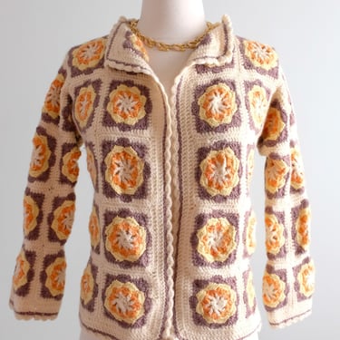Adorable 1970's Crochet Granny Square Knit Sweater / Sz S