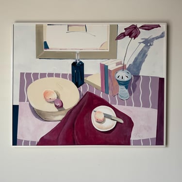 Large - 1993 Vintage Still Life  “Stripe Cloth”  Oil Painting by S. Lewis 
