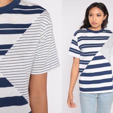 80s Striped T Shirt Blue White Stripes TShirt Shoulder Pads Crew Neck Top Retro Tee Vintage Short Sleeve T-Shirt Normcore 1980s Medium M 