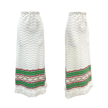 Vtg 70s 1970s Pastel Light Weight Knit Geometric Chevron Fringe Hem Maxi Skirt 