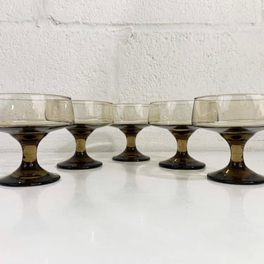 Vintage Smoky Coupe Glasses Goblets Coffee Brown Set of 5 Champagne Sherbert Dessert 1970s 1960s Holiday Party 
