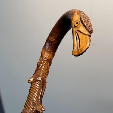 Antique Folk Art Hunters Cane of Eagle with Glass Eyes - 1880 - 19th Century Walking Stick with Deer Antelope Animals - Rare Carving 