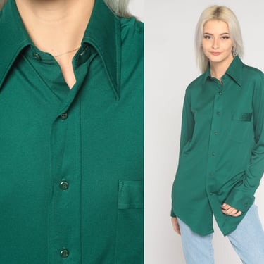 Green Button Up Shirt 70s Disco Shirt Dagger Collar Long Sleeve Top Collared Plain Retro Disco Basic Oxford Vintage 1970s Mens 15 1/2 Medium 