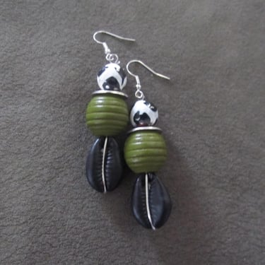 Cowrie shell earrings, black and green earrings 2 