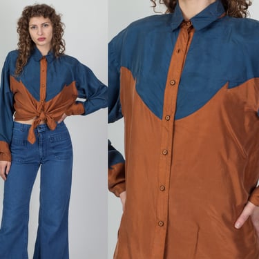 80s Slate Blue & Burnt Orange Silk Western Shirt - Men's Medium | Vintage Button Up Long Sleeve Color Block Rockabilly Top 