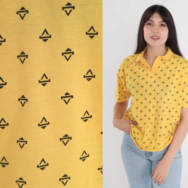 Yellow Polo Shirt 80s 90s Collared T-Shirt Triangle Print Half Button Up Short Sleeve Top Retro Preppy Casual Tshirt Vintage Currents Medium 