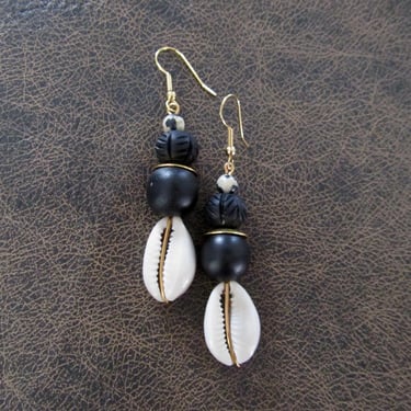 Cowrie shell earrings and chunky black wooden earrings 