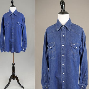 80s Wrangler Western Denim Shirt - Cotton Blue Jean Shirt - Long Sleeve - Snap Front - Vintage 1980s - M 45
