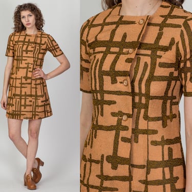 1960s Tiki Embroidered Button Up Shift Dress - Extra Small | Vintage 60s Short Sleeve Mini Dress 