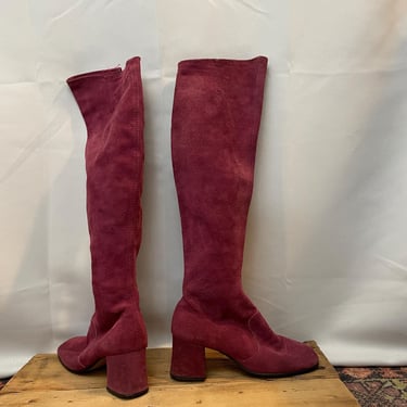 1960s Vintage Go Go Boots Purple Magenta Suede Knee High Block Heel 6 