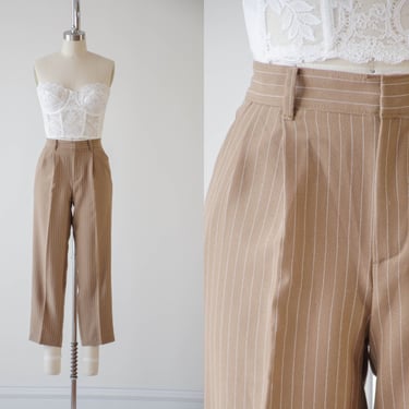 cropped ankle pants | 70s 80s vintage light brown tan striped petite dark academia style pleated straight leg trousers 