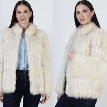 80s Fox Coat With Pockets, Striped Sleeve Real Fur Jacket, Arctic Ivory Corded, Cropped Apres Ski Overcoat 