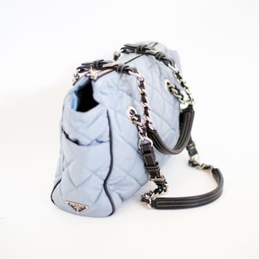 Vintage PRADA Quilted Silver Blue Nylon Tessuto Shoulder Bag with Chain Straps + Logo Plaque 90s Y2K Monogram Tote Minimal 
