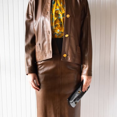 Vintage 1980s Chanel Brown Lambskin Coordinate Suit Small