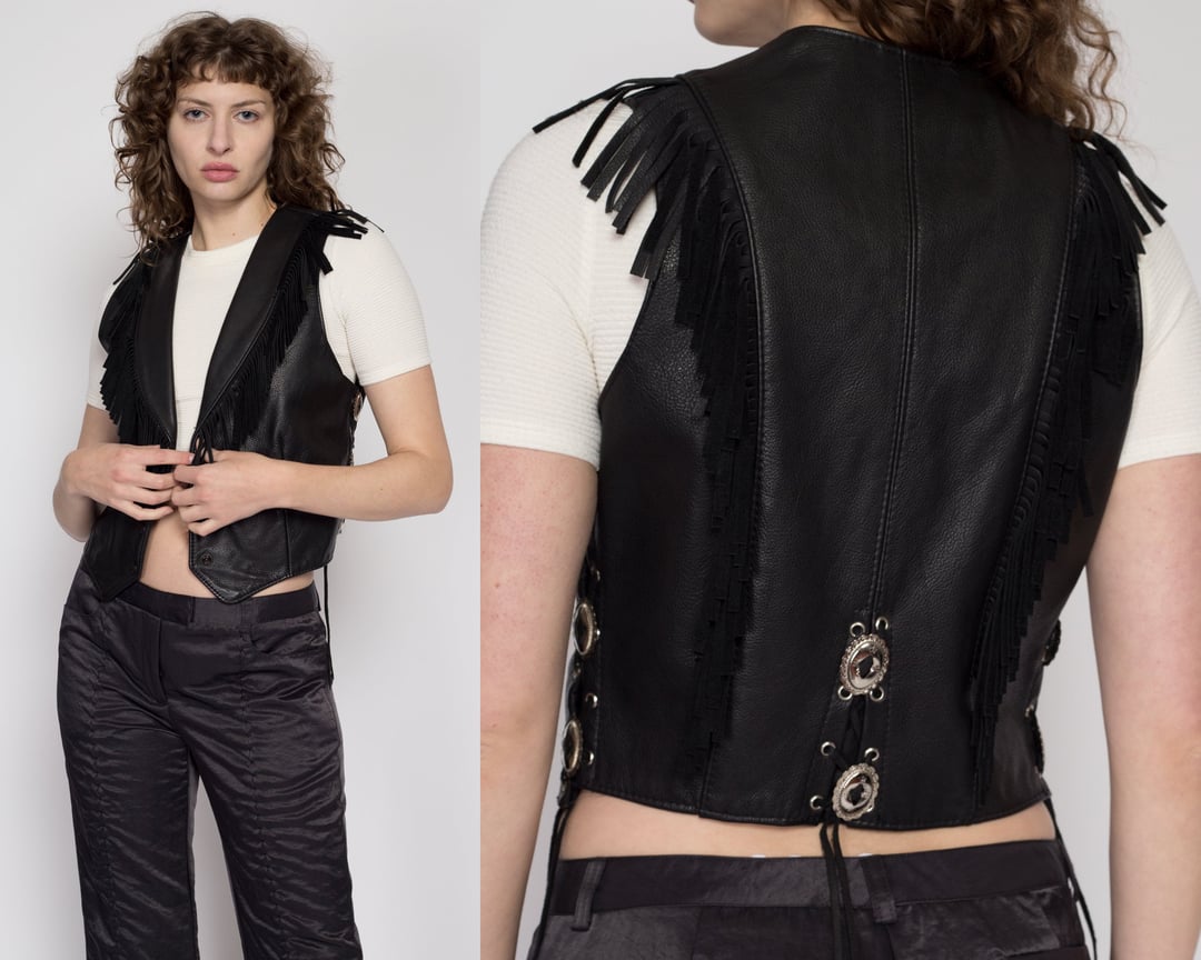 Med-Lrg 80s Black Leather Fringe Biker Vest | Vintage