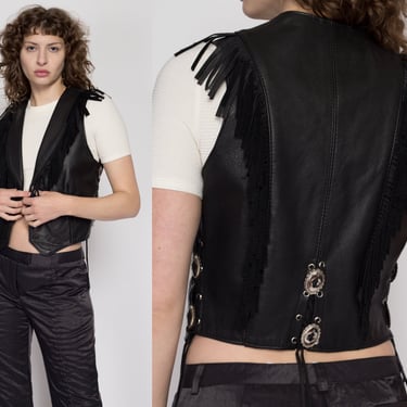 Med-Lrg 80s Black Leather Fringe Biker Vest | Vintage Sleeveless Motorcycle Crop Top 