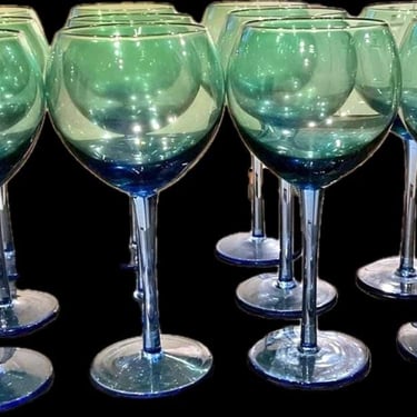 Set of 10 Festival Blue Green by Block~ Ballon Wine Glasses~ Mouth Blown Set~ VintageCrystal Goblet Glassware Wine Glasses 