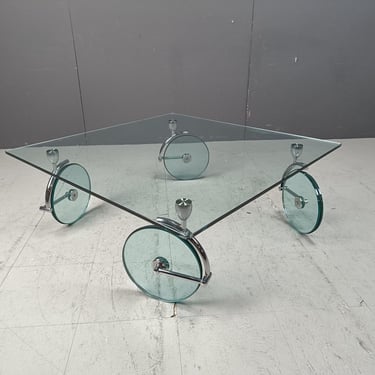 Glass coffee table with wheels, 1980s - vintage coffee table - coffee table with wheels - tavola con ruote 