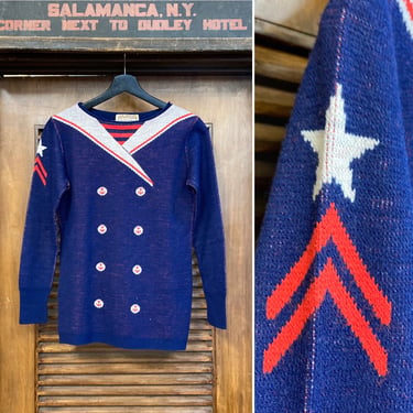 Vintage 1960’s Nautical Style Trompe L’Oeil Mod Sweater, 60’s Pullover Sweater, 60’s Navy Uniform, 60’s Knit Sweater, Vintage Clothing 