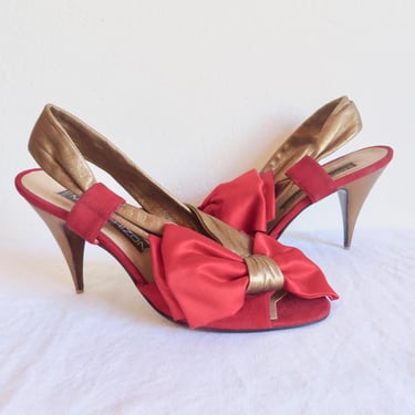 1980's Size 38.5, 8  Maude Frizon Paris French Red and Gold Satin and Leather High Heel Sandal Heels Front Bow Formal Dressy Made in Italy 