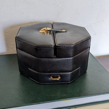 Vintage Black Leather Expandable Travel Jewelry Case with Gold Hardware 