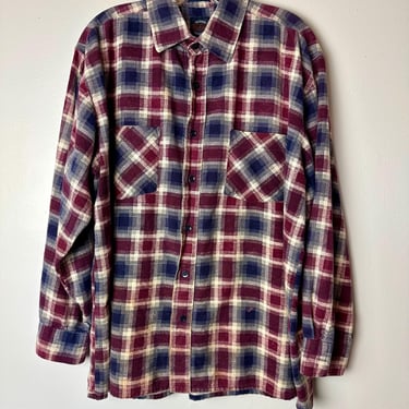 Vintage flannel plaid shirt~ softest ever!  100% cotton button down flannels~ purple blue 60’s-70’s~ grunge workwear unisex / size Large 