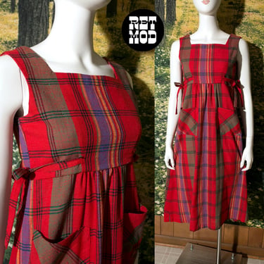 Vintage 70 80s Red Orange Plaid Pinafore Dress with Pockets 