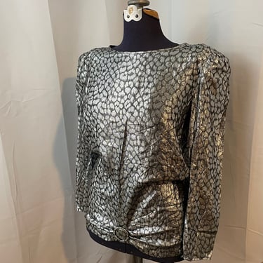 Cocktail Blouse Top 80s Vintage Silver Metallic Leopard Mob Wife M 
