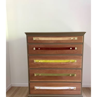 Large vintage boho dresser with suede accents and brushed gold hardware 