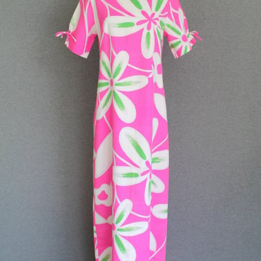 1960-70s - Mod - Luau Party Dress -  Daisy - Pink Green - Pique - Maxi - Made in Hawaii - Estimated size S 