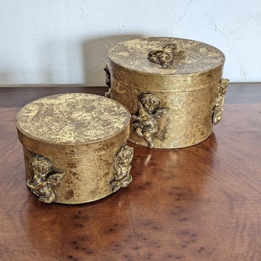 Set of 2 Vintage Golden Gilt Boxes with Cherubs 