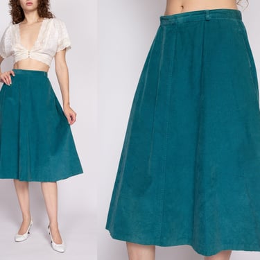 M| 70s Teal Green Corduroy Midi Skirt - Medium, 30" | Vintage Plain High Waisted A Line Pocket Skirt 