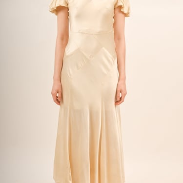 1930s Rayon Satin Off White Bias-cut Puff-sleeve Wedding Gown