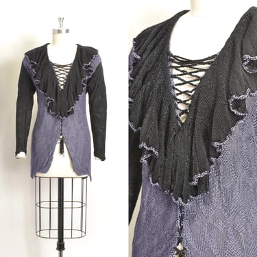 Vintage 1970s Sweater / 70s Ruffled Lace Up Rayon Knit / Purple Black ( medium M ) 