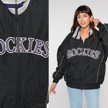 Colorado Rockies Jacket Y2K MLB Zip Up Windbreaker Baseball Fleece Lined Sports Coat Retro Hipster Sportswear Black Vintage 00s Mens Large L 