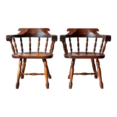 Antique Early 20th Century Solid Pine Windsor Captains Chairs - a Pair 