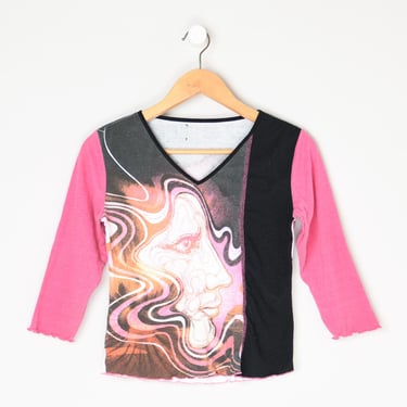 Vintage Y2k Psychedelic Portrait Printed Top - pink & black, 2000s clothing, cyberpunk - Women's L 