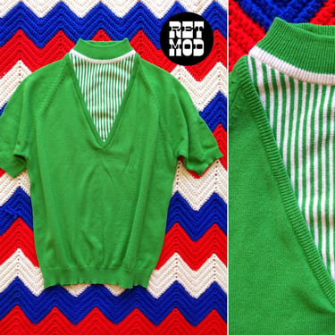 Iconic Mod Vintage 60s Apple Green Short Sleeve Sweater with Stripe V Front 