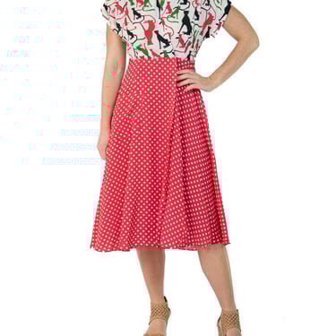 Morphew Collection White & Red Cat Polka Dot Novelty Print Cold Rayon Bias Dress Master Medium 