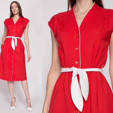 XS 70s Red Belted Cap Sleeve Shirtdress | Vintage Button Up Midi A Line Day Dress 