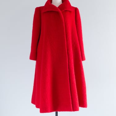 Vintage 1960's Pauline Trigere Cherry Red Mohair Swing Coat / L