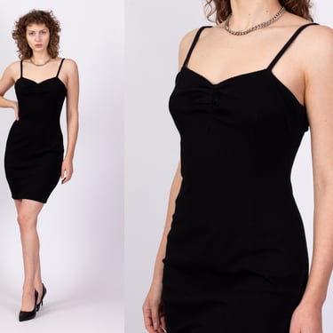 90s Black Mini Bodycon Dress - Medium to Large | Vintage Spaghetti Strap Fitted Party Dress 